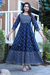 Blue Rayon Anarkali Kurti with printed combo, three-quarter sleeves, machine washable, size M-XXL, party/traditional/casual dress